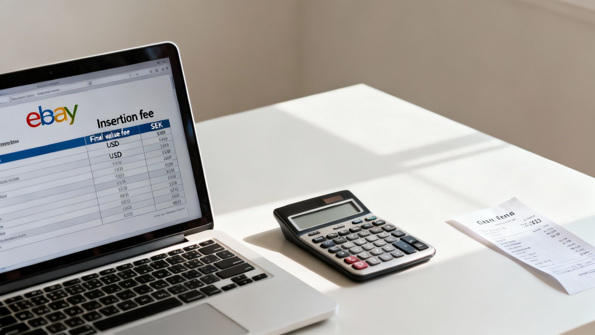 Laptop screen shows eBay insertion fees table in USD and SEK, with calculator and receipt on a white desk.