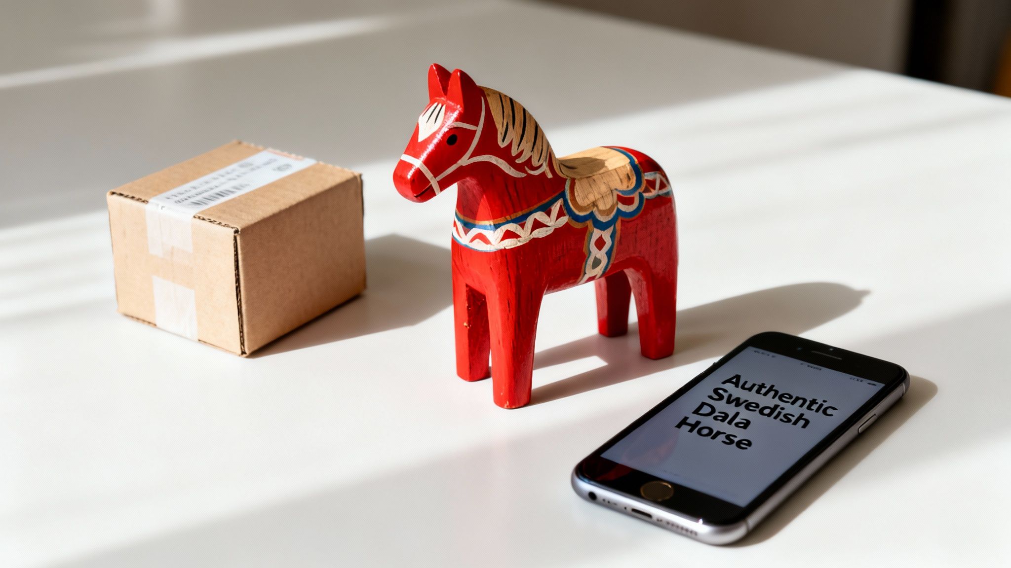 A small cardboard package, a traditional red Dala horse, and a smartphone on a white table.
