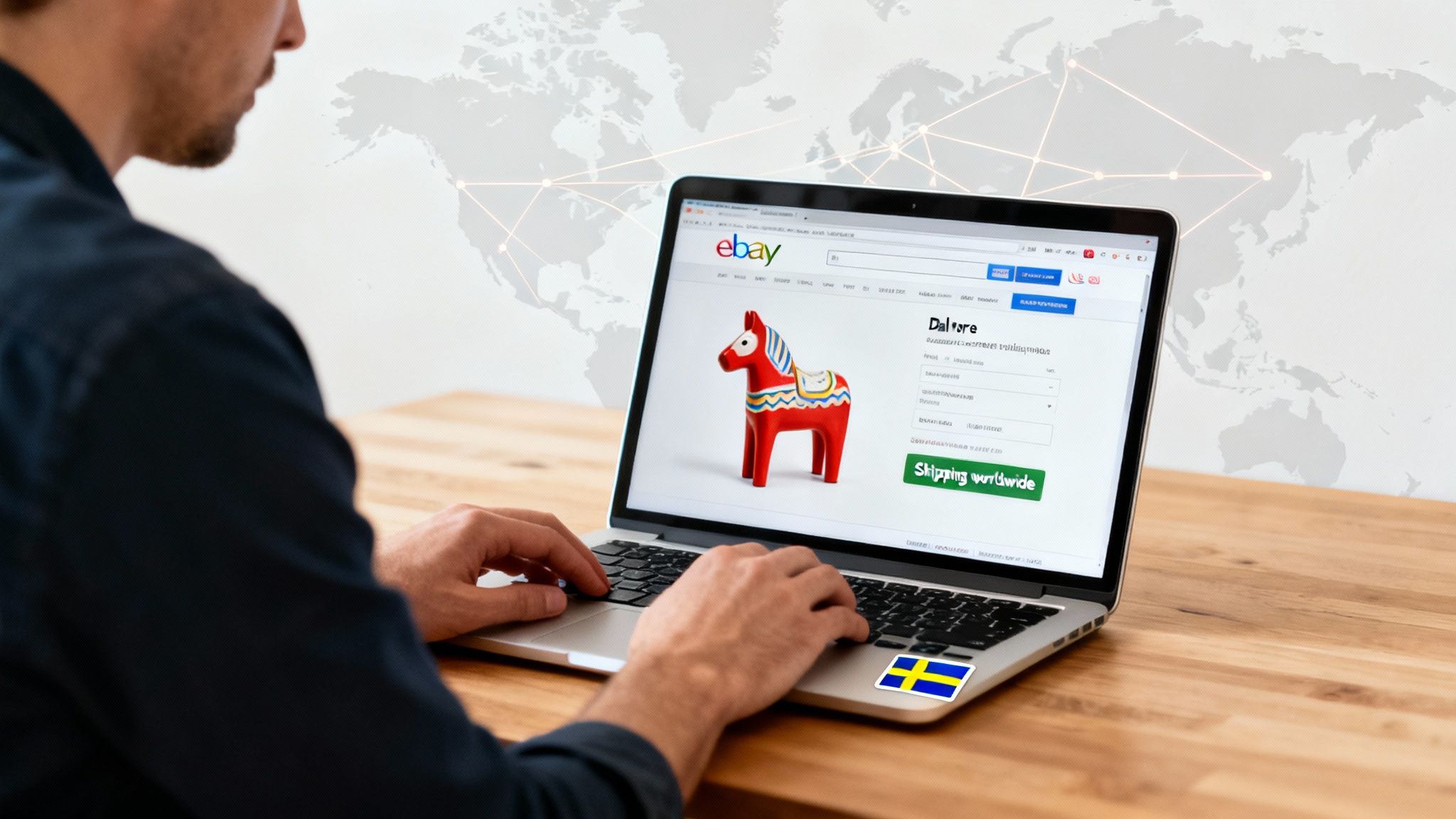A person is shopping for a traditional Swedish Dala horse on eBay with a world map background.