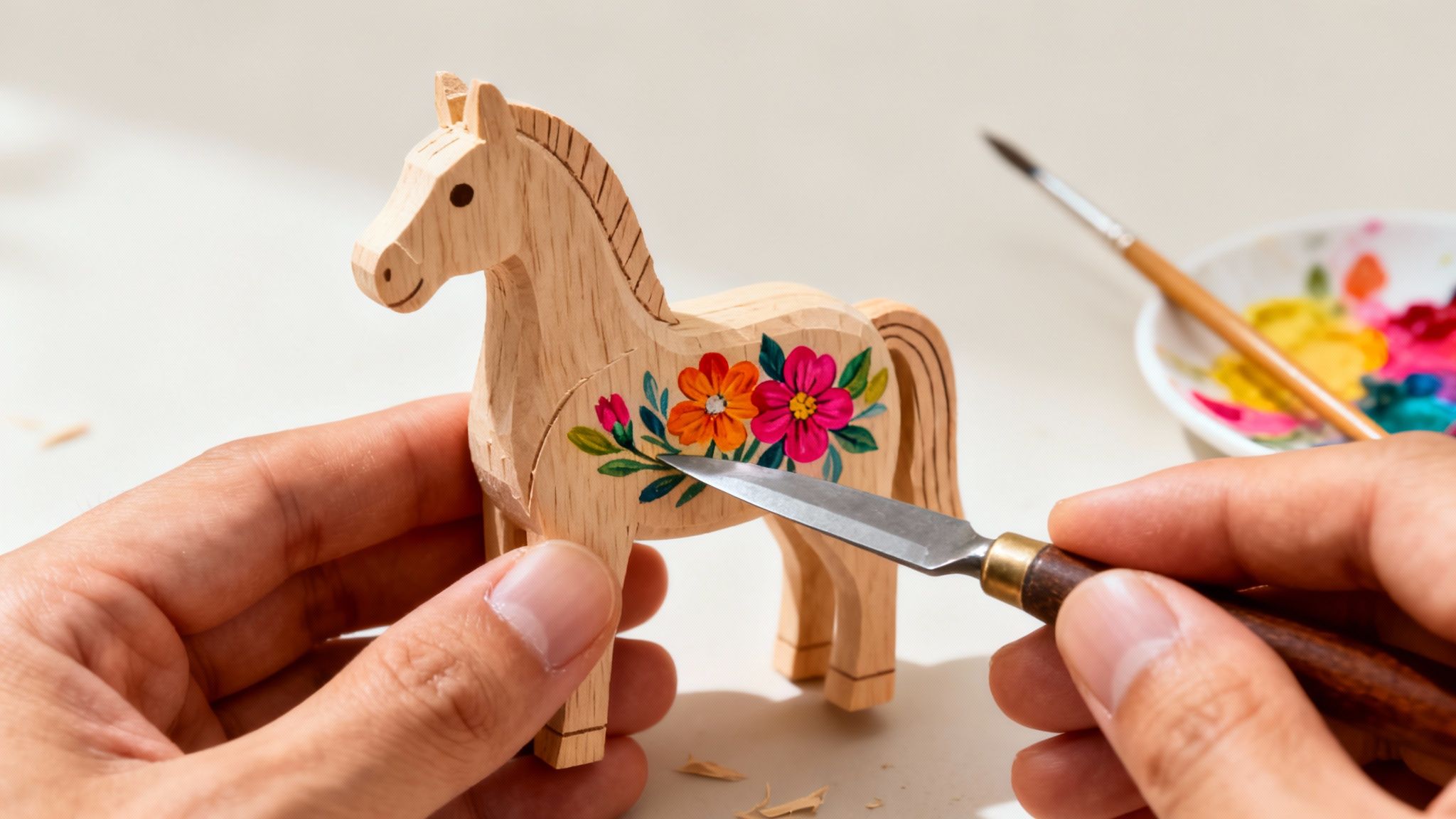 Hands meticulously painting vibrant floral patterns onto a traditional Swedish wooden horse figure.