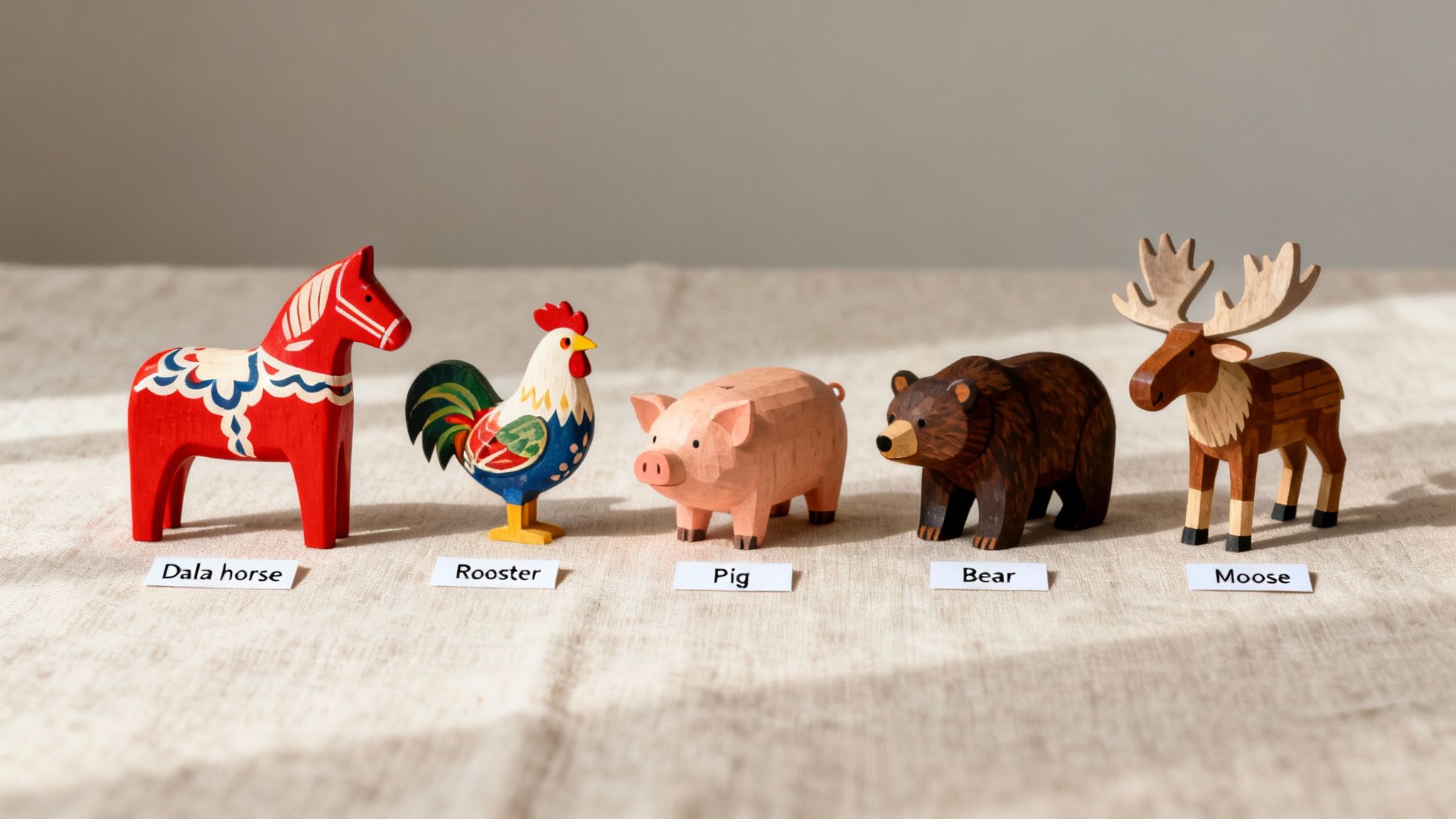 Five wooden animal figurines: a red Dala horse, rooster, pig, brown bear, and moose, with labels.