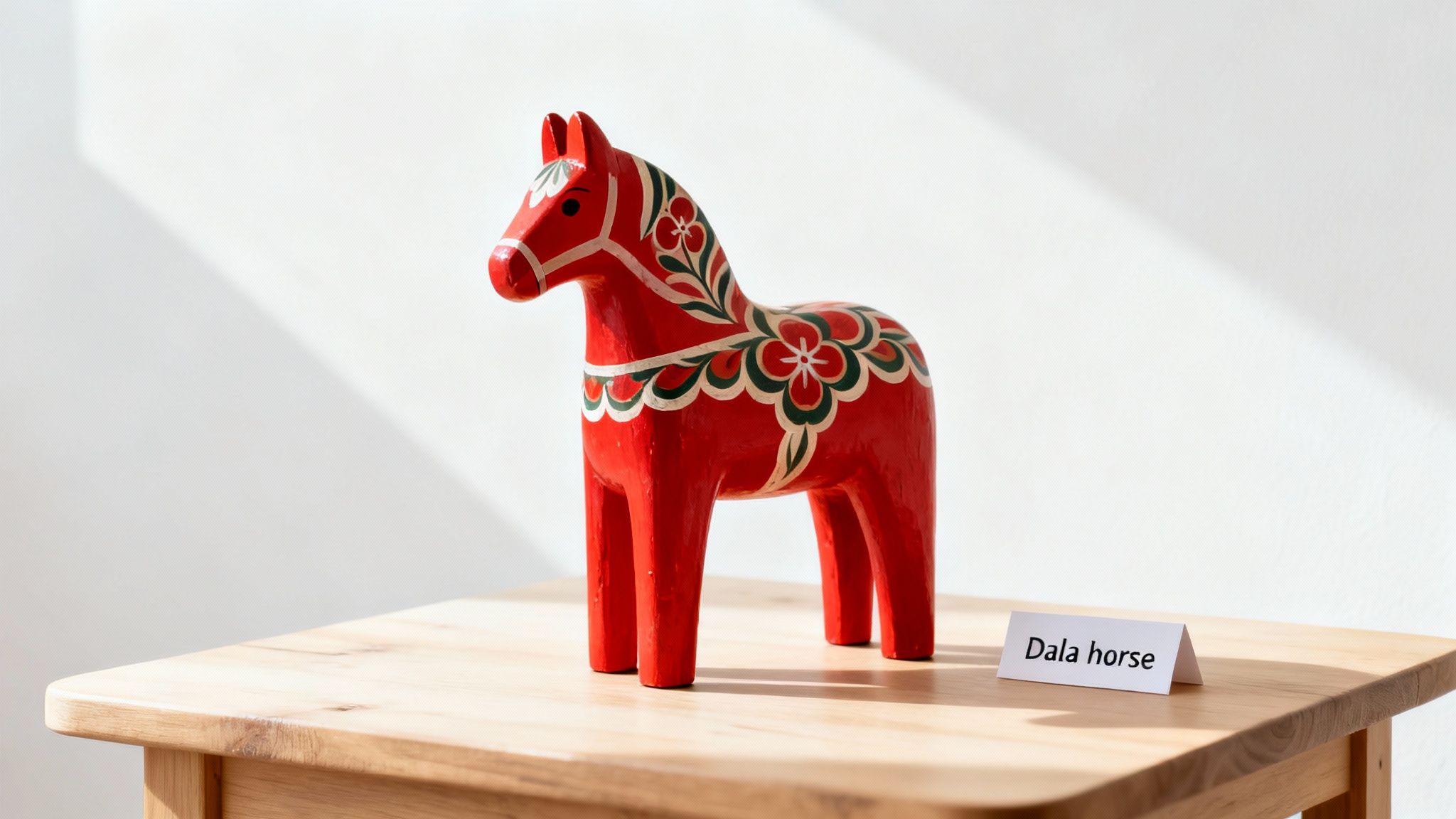 A vibrant red Dala horse, a traditional Swedish wooden figurine, stands on a wooden table with a white information card.