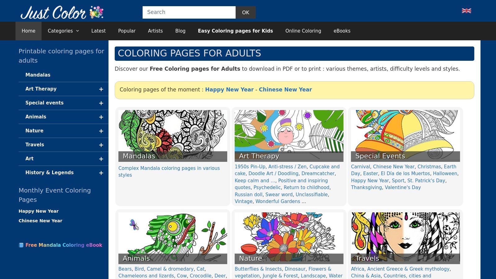 Just Color website screenshot showing various adult colouring page categories.