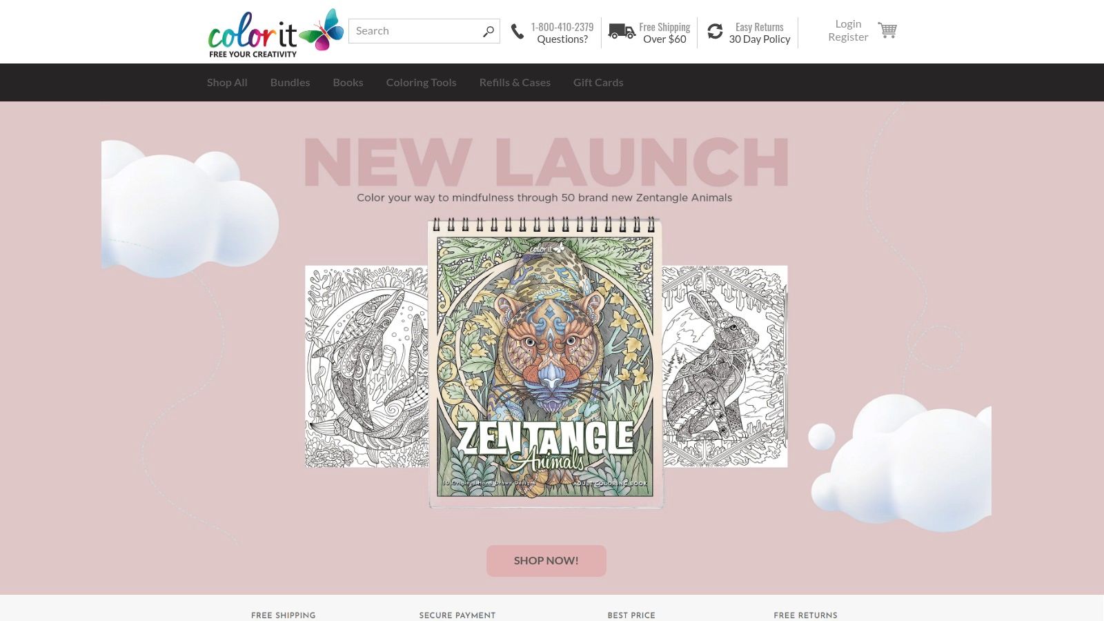ColorIt website showing zentangle animal colouring book designs.