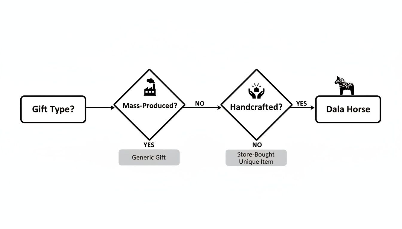 A flowchart categorizing gifts: mass-produced, handcrafted Dala Horse, or store-bought unique item.