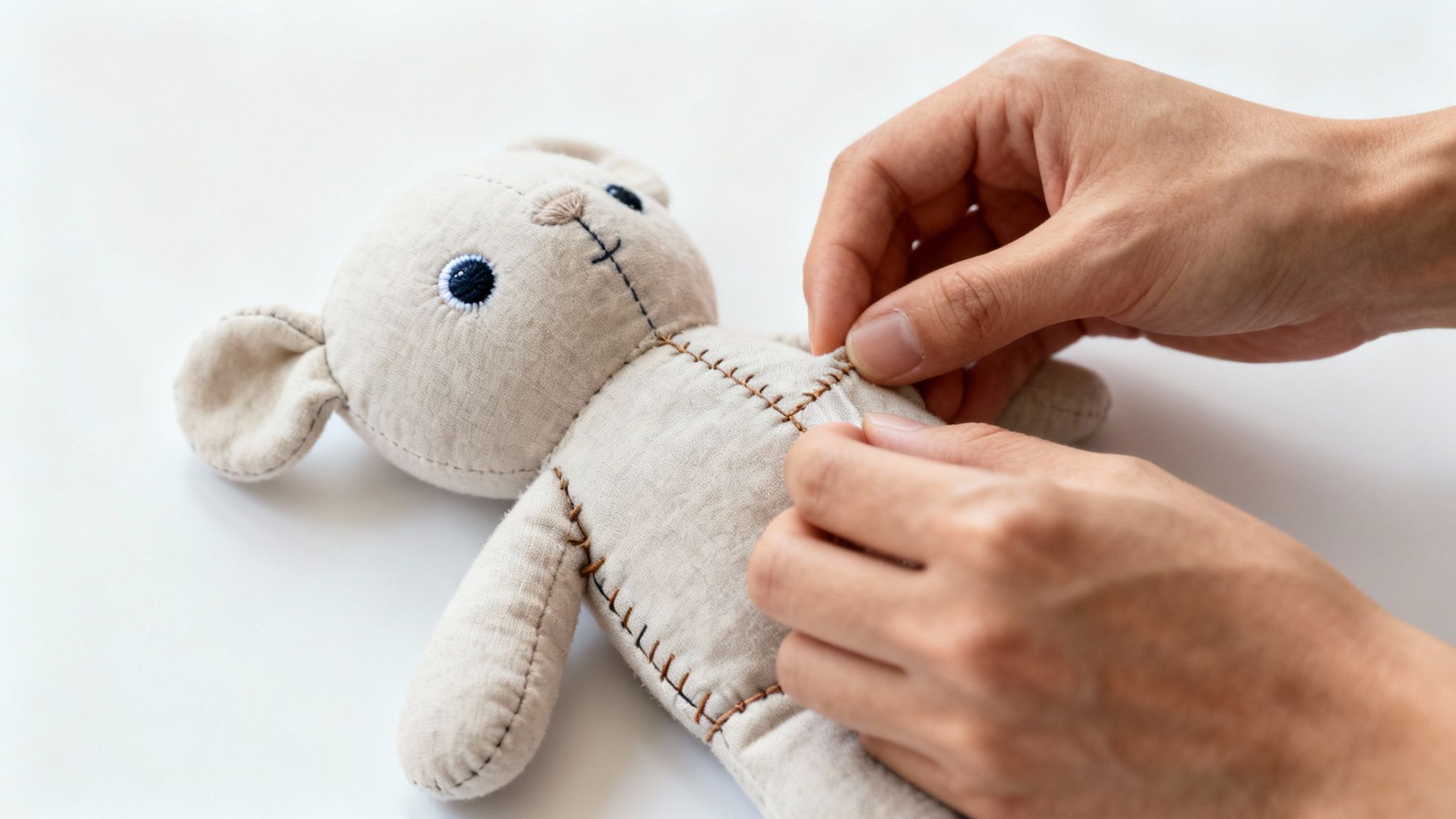 Close-up of hands sewing a beige stuffed animal with dark stitches on a white background.