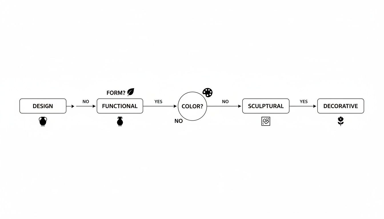 A flowchart diagram classifying objects from design to functional, sculptural, or decorative based on form and color.