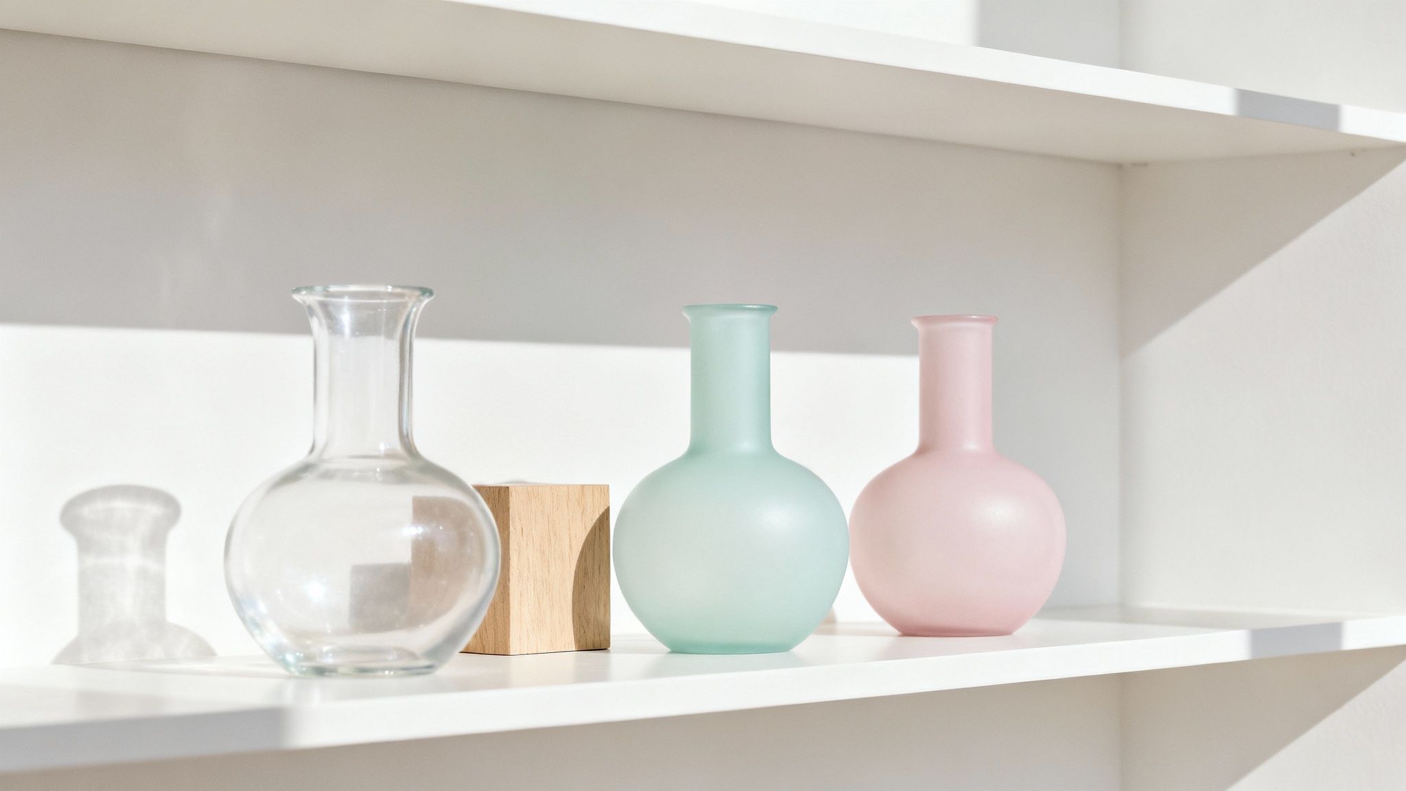 Three minimalist vases, clear, mint green, and pink, with a wooden block on a white shelf under sunlight.