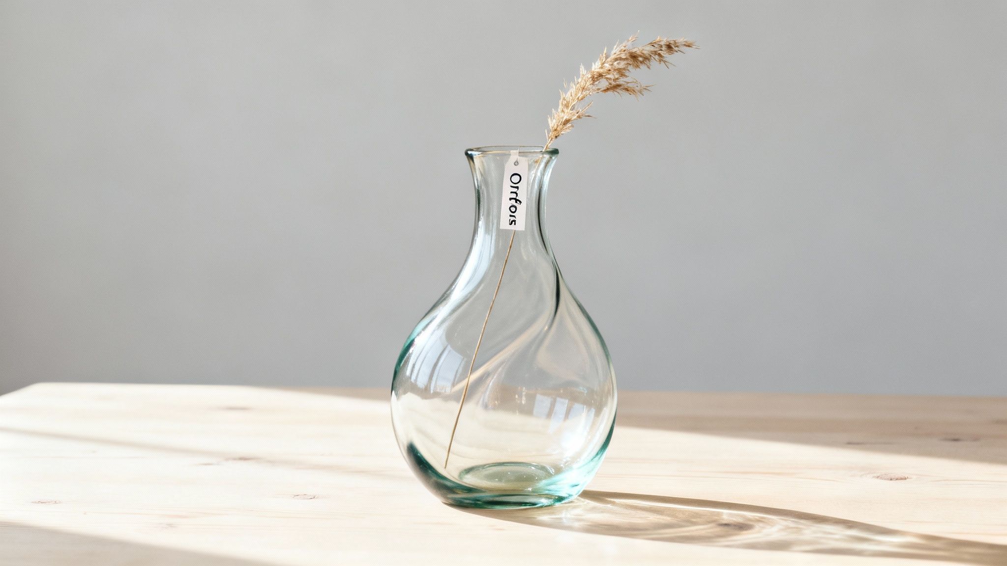 A clear glass Orrefors vase with a single dried reed, placed on a light wooden table against a grey wall.