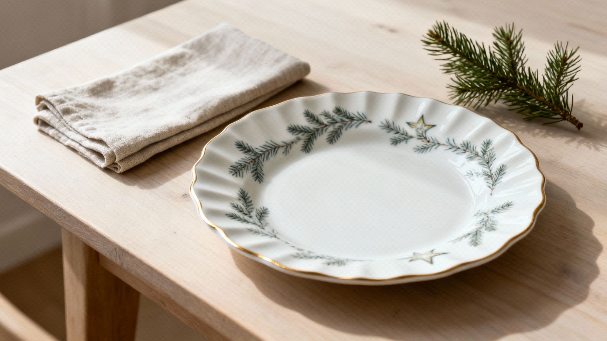 Christmas-themed white plate with pine branches and gold stars, a linen napkin, and a pine branch on a wooden table.