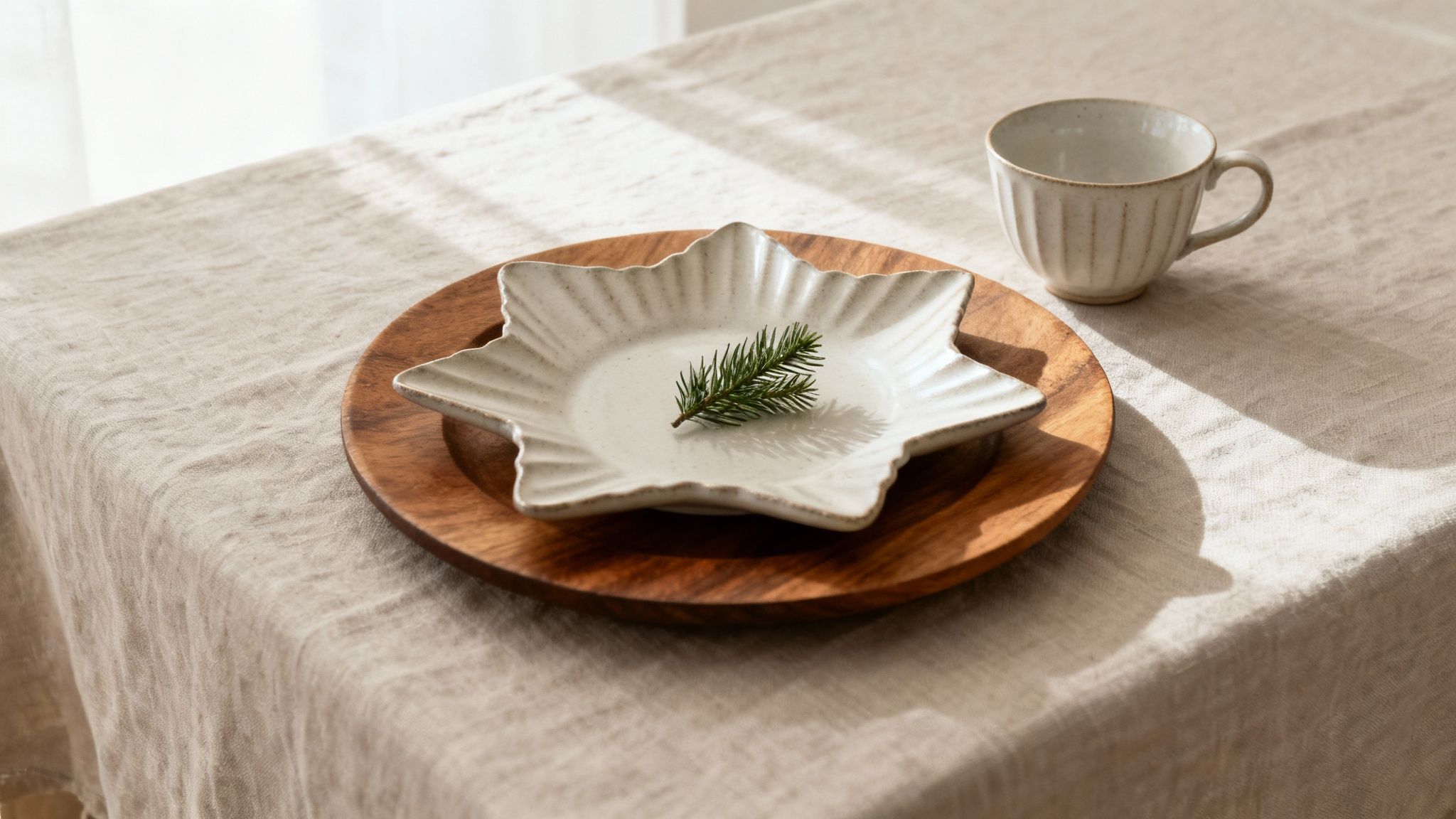 A minimal festive table setting featuring a star plate, wooden charger, ceramic cup, and pine branch.