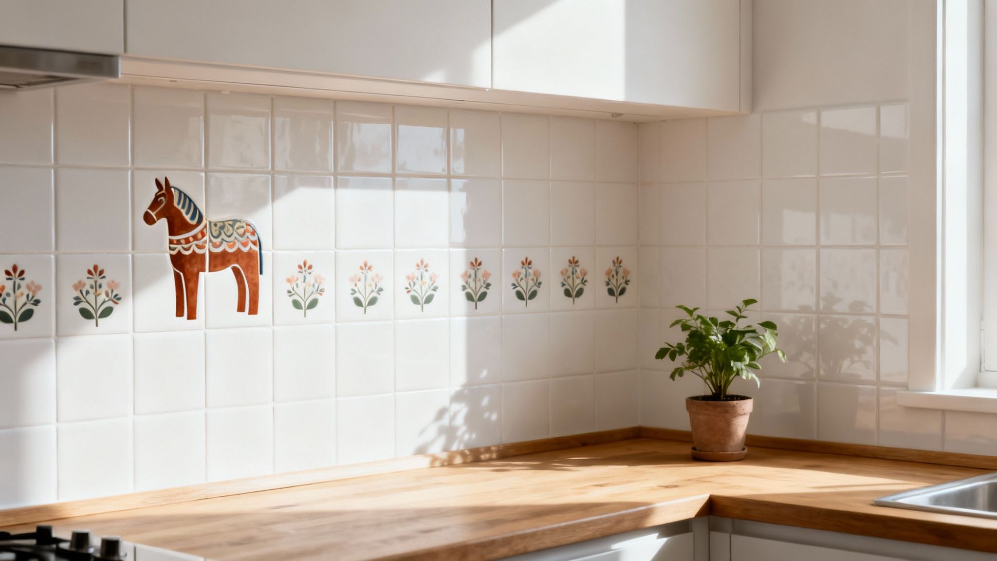 A bright kitchen with white tiled backsplash featuring a decorative horse and floral decals, a wooden counter, and a potted plant.