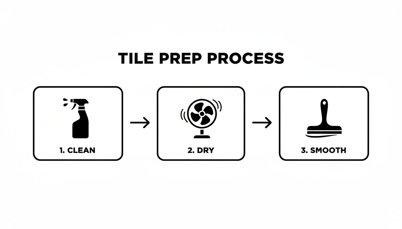 Infographic showing three steps for tile preparation: clean, dry, and smooth.