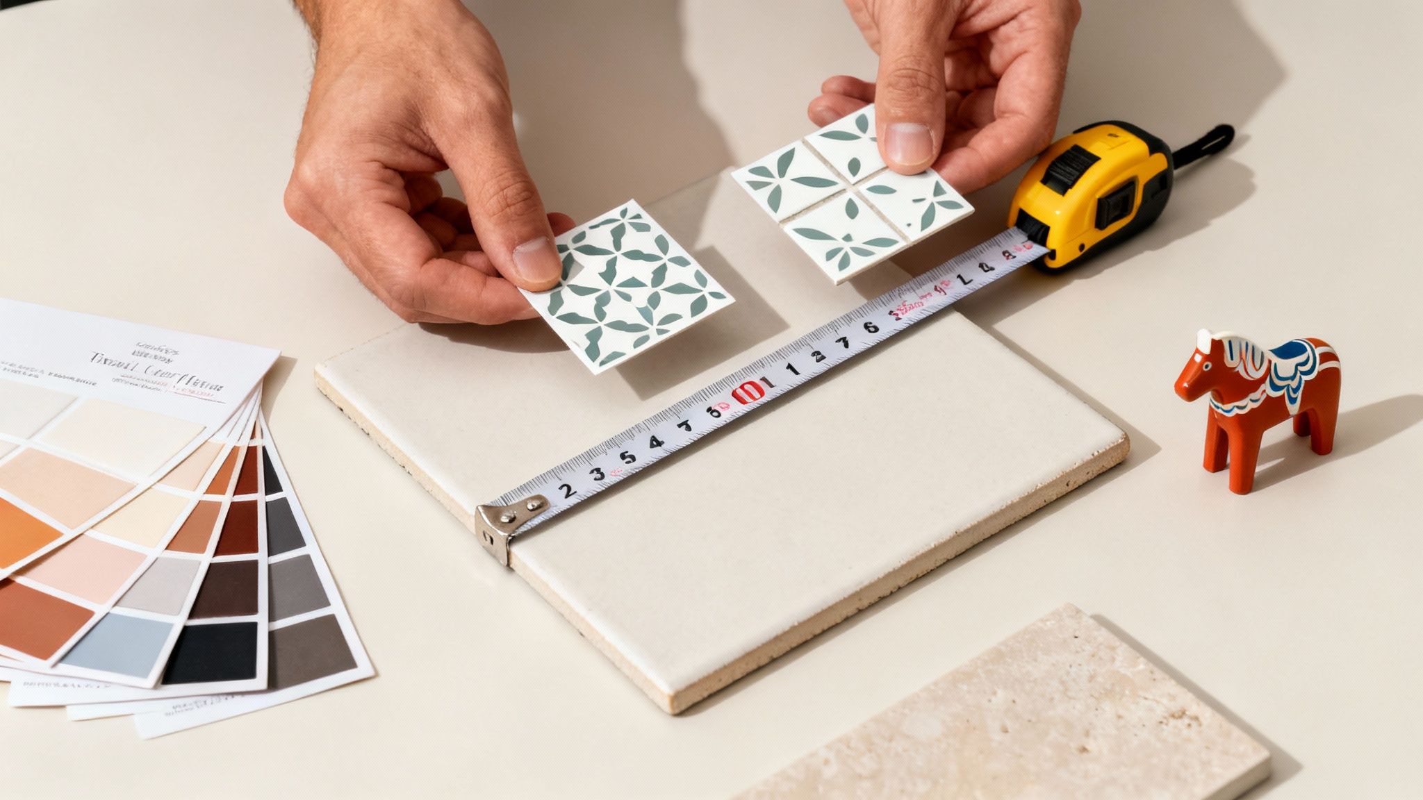 Hands holding green patterned tiles over a measuring tape, with color swatches and samples.