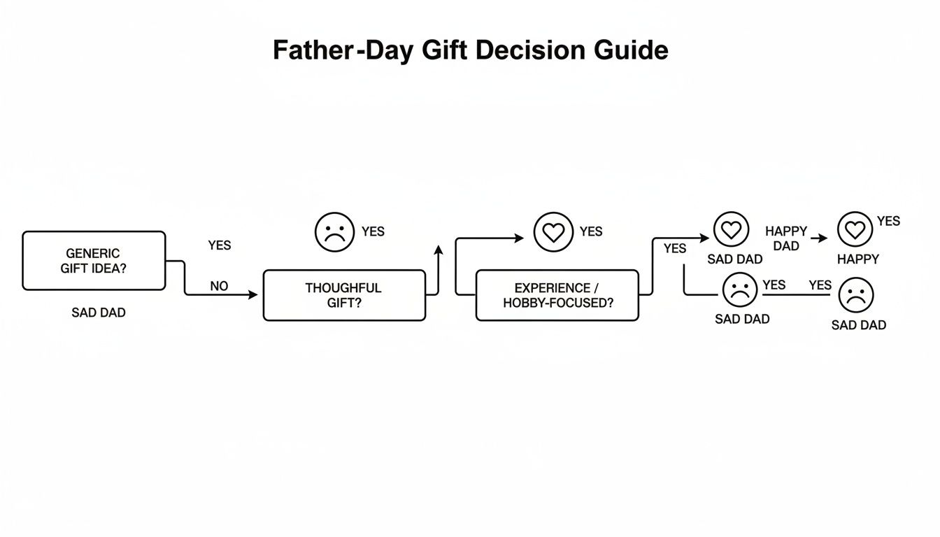 Father's Day gift decision guide flowchart outlining paths to a happy or sad dad.
