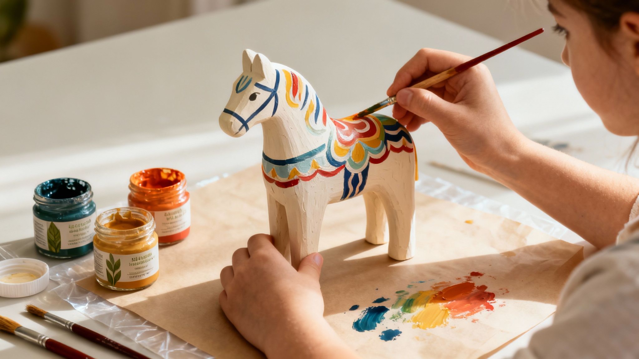 A person painting a colorful, folk-art style wooden horse figurine with vibrant paints.