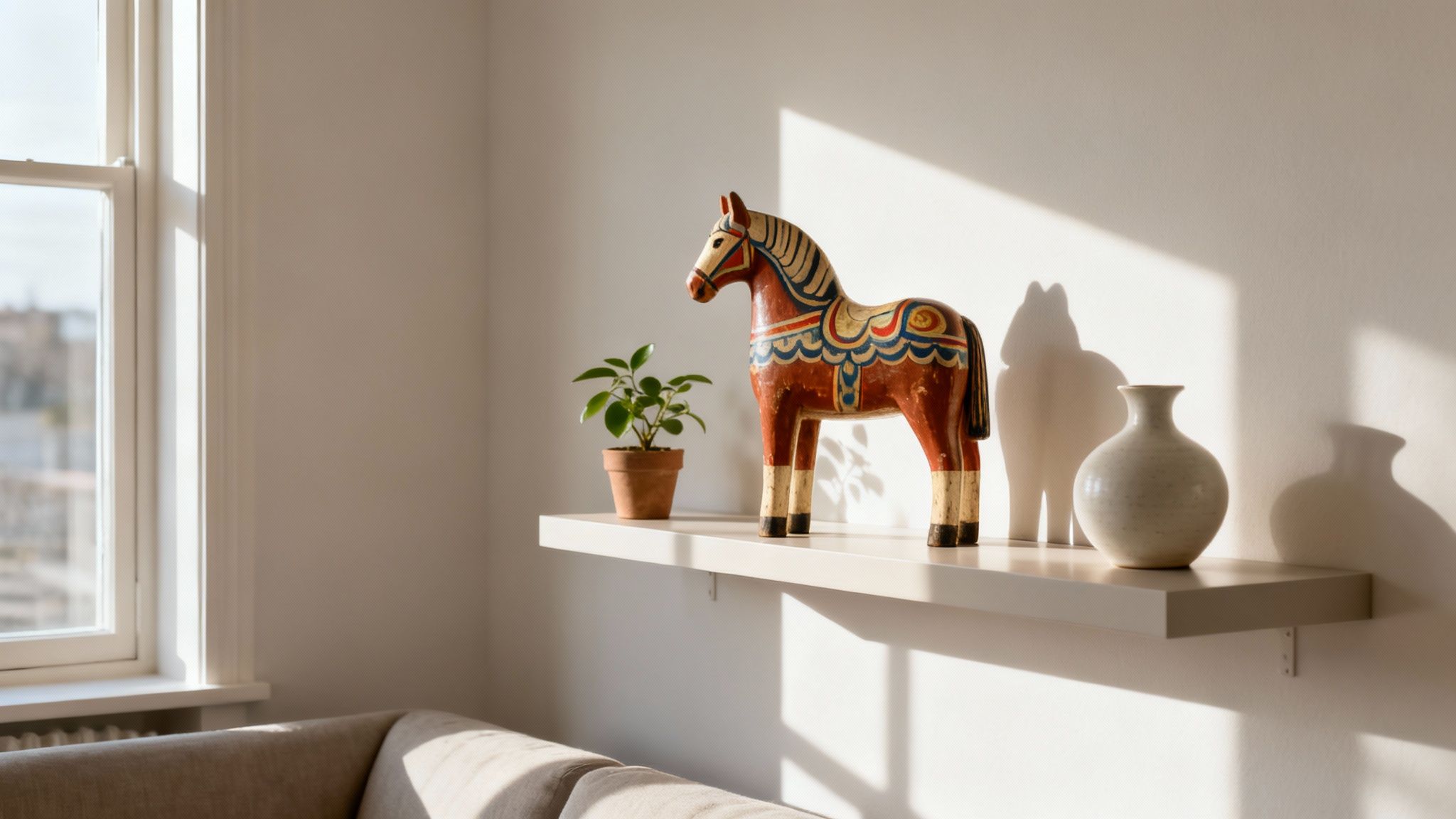 A traditional wooden horse, a potted plant, and a ceramic vase on a shelf in a sunlit room.