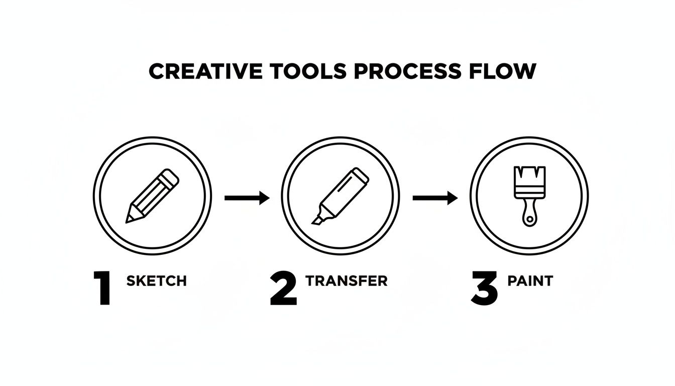 Creative process flow diagram illustrating three steps: sketch with a pencil, transfer with a marker, and paint with a brush.