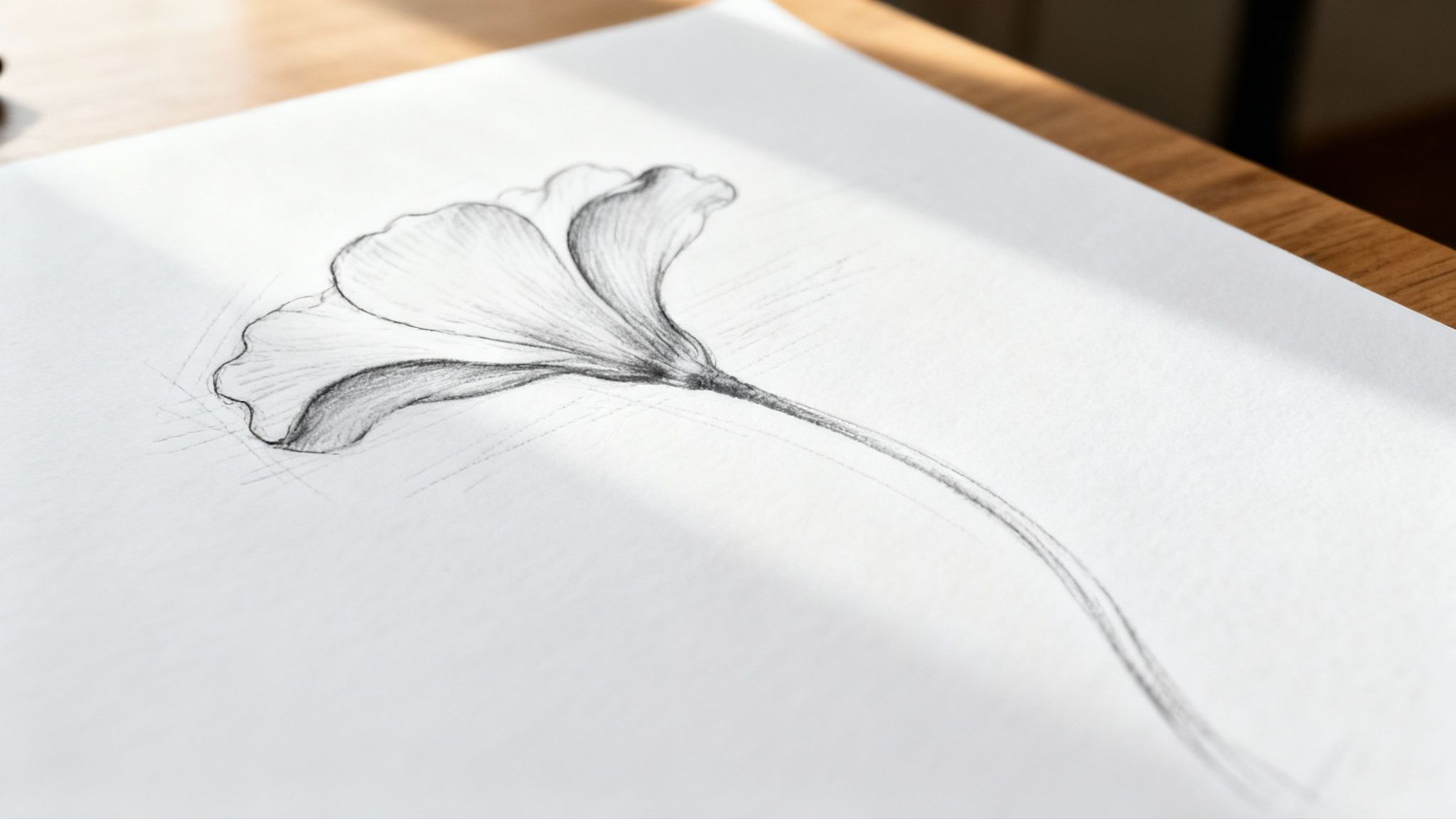 Close-up of a beautiful delicate flower pencil drawing on white paper, resting on a wooden table.