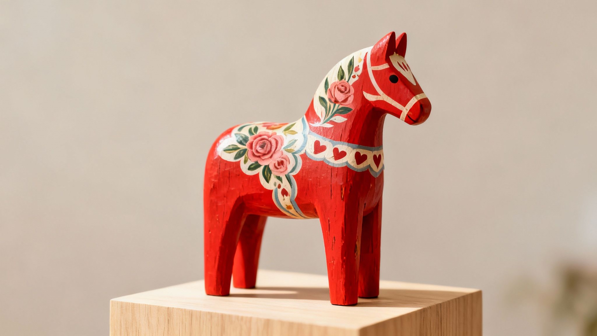 A red Dala horse, a traditional Swedish wooden horse, decorated with pink roses and hearts, stands on a light wooden block.