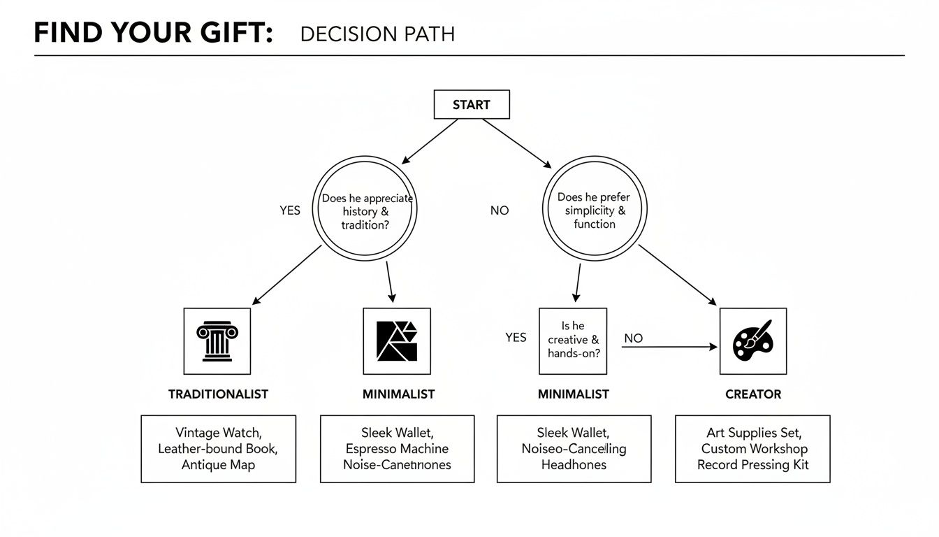 A flowchart titled 'Find Your Gift: Decision Path' guiding gift selection based on recipient's preferences.