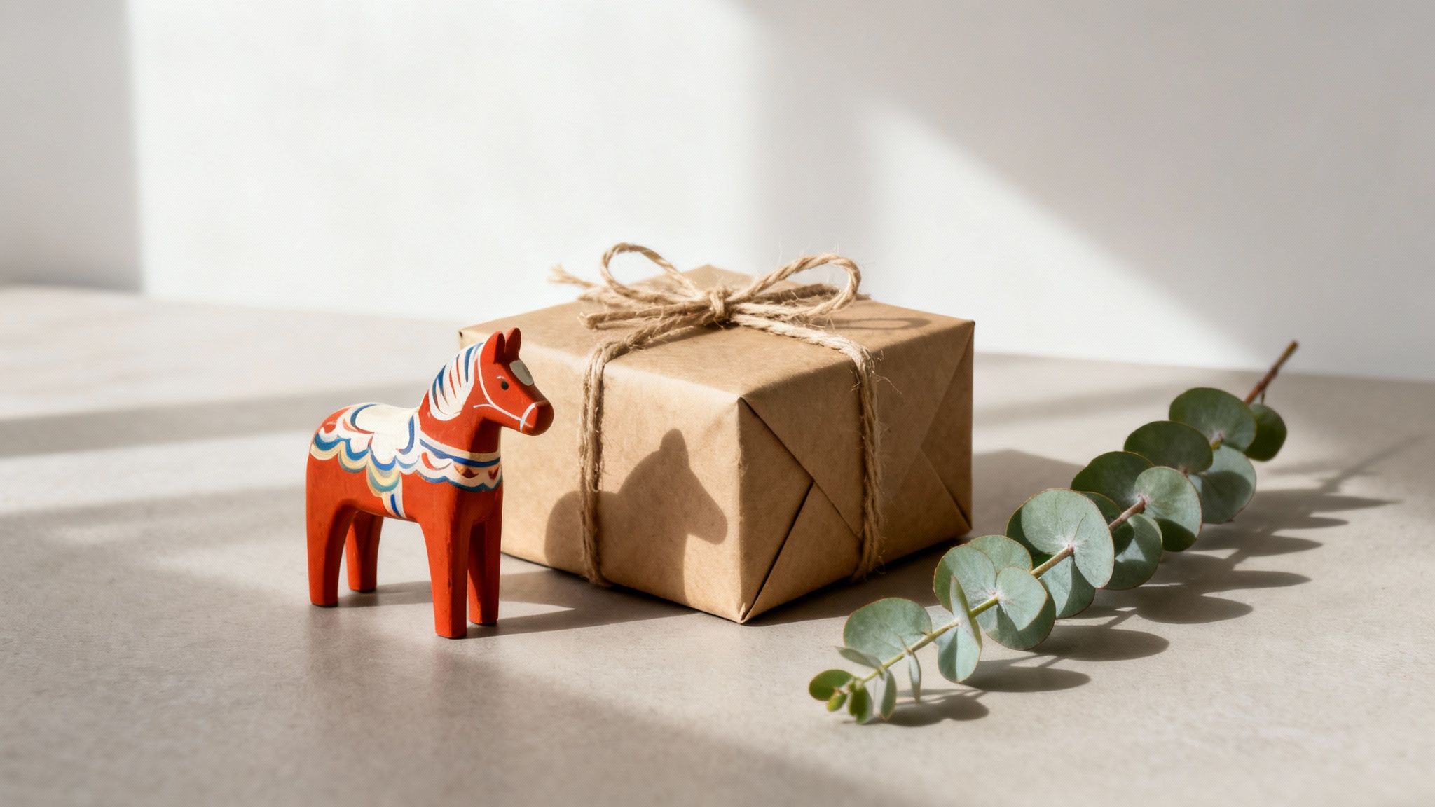 A red Dala horse, a rustic gift box, and a eucalyptus branch on a sunlit surface.