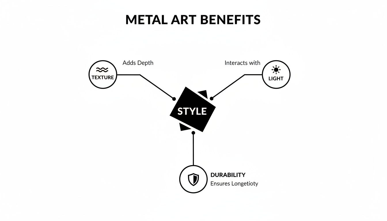 A diagram titled 'Metal Art Benefits' showing 'STYLE' connected to 'TEXTURE', 'LIGHT', and 'DURABILITY'.