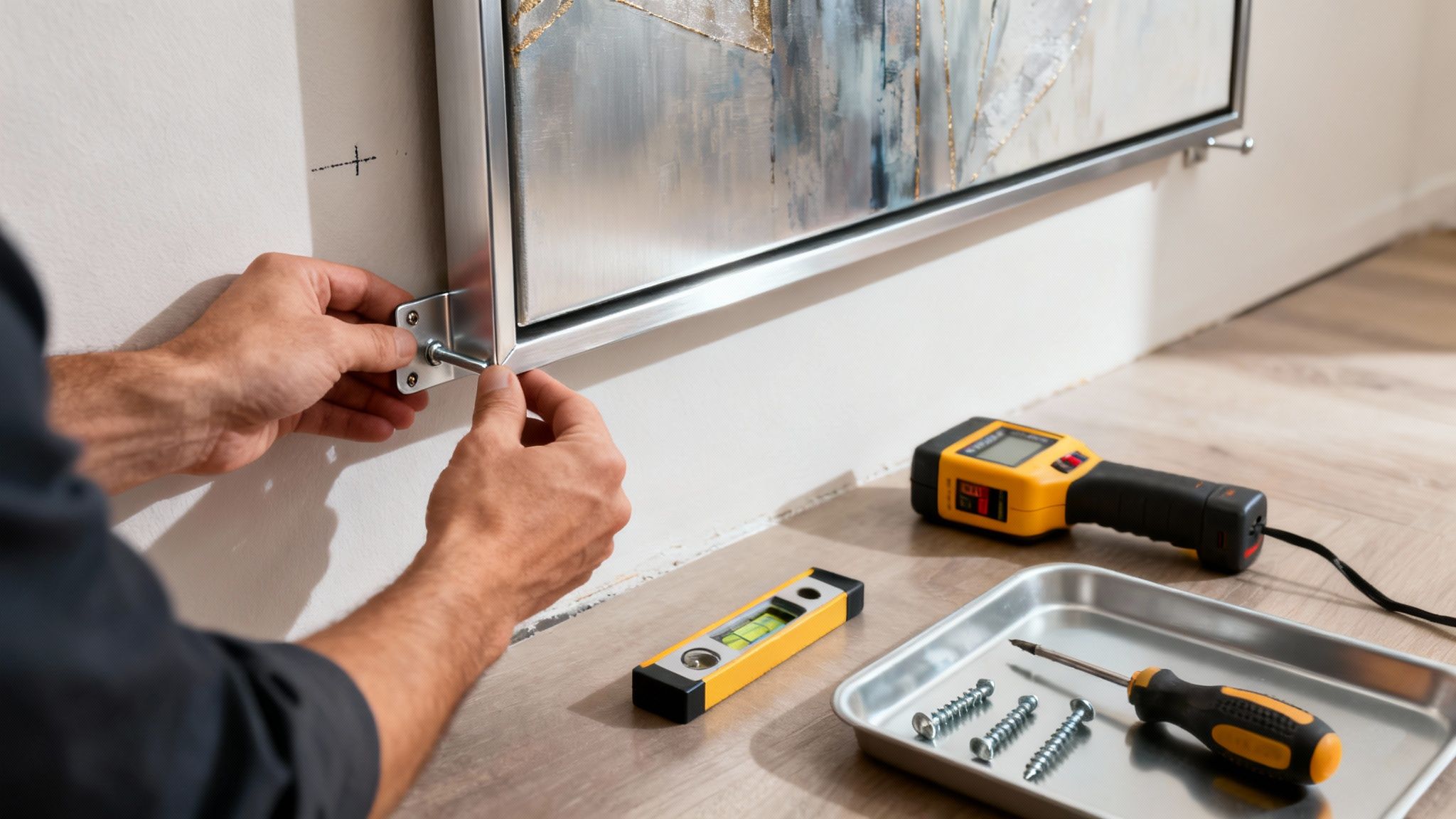 Close-up of hands installing a metal-framed artwork on a white wall with tools on the floor.