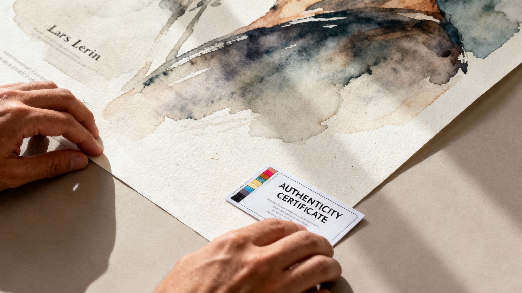 Person's hands holding an authenticity certificate next to a watercolor print with 'Lars Lerin' text.