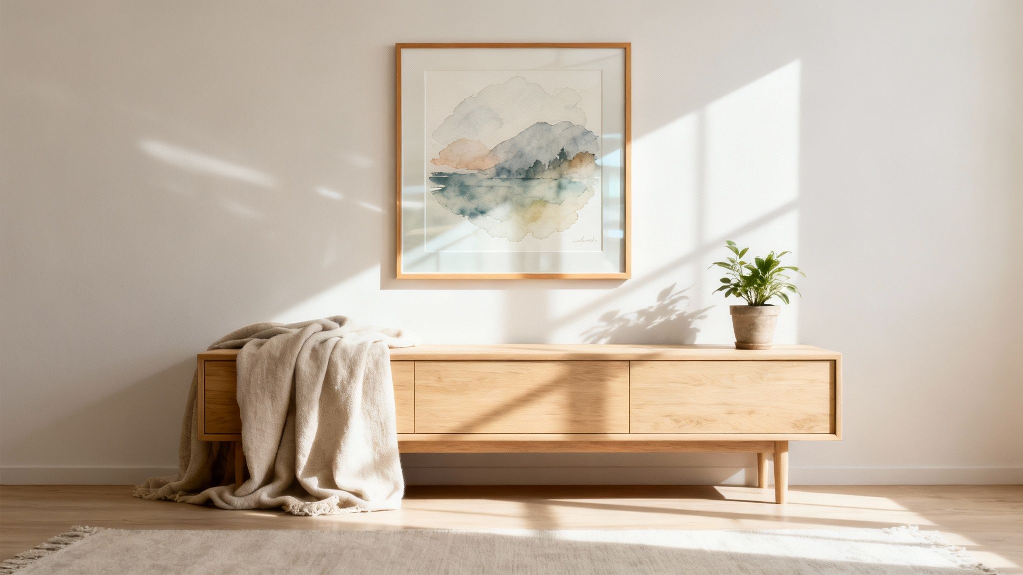 A bright, modern interior featuring a wooden sideboard, a framed watercolor painting, and a green plant.