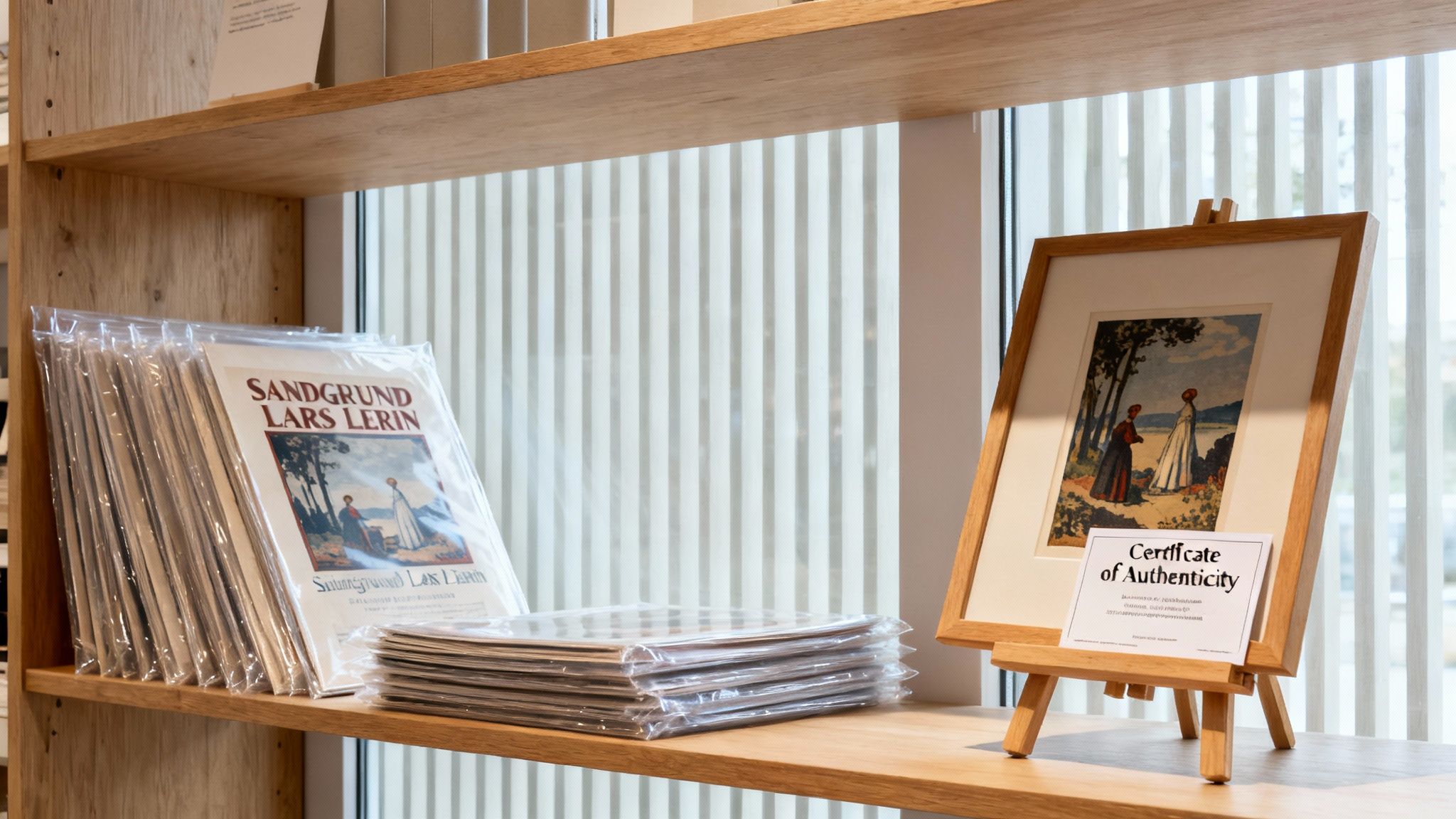 Lars Lerin art prints and a framed painting with a certificate of authenticity on a wooden shelf.