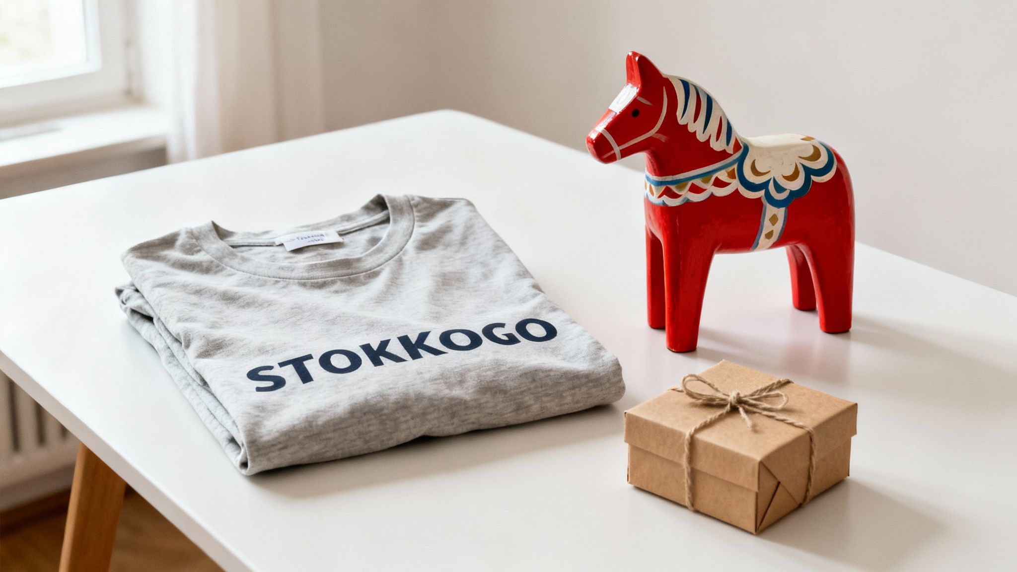 A grey t-shirt with STOKKOGO, a red Dala horse, and a brown gift box on a white table.