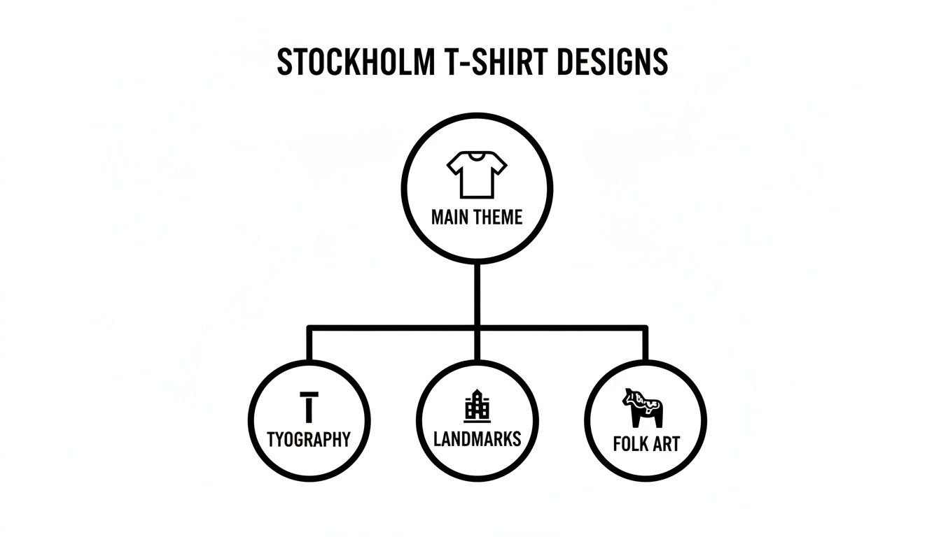 A mind map outlining Stockholm T-shirt design themes: Main Theme, Typography, Landmarks, and Folk Art, with icons.