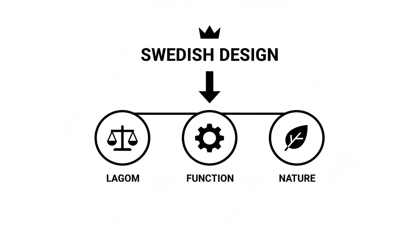 A diagram illustrating Swedish design principles: Lagom (balance), Function, and Nature, with a crown.