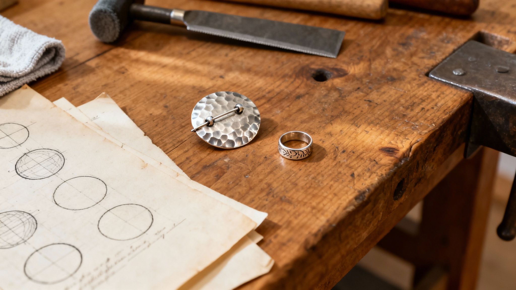 Silver hammered brooch and engraved ring on a wooden workbench with tools and design papers.