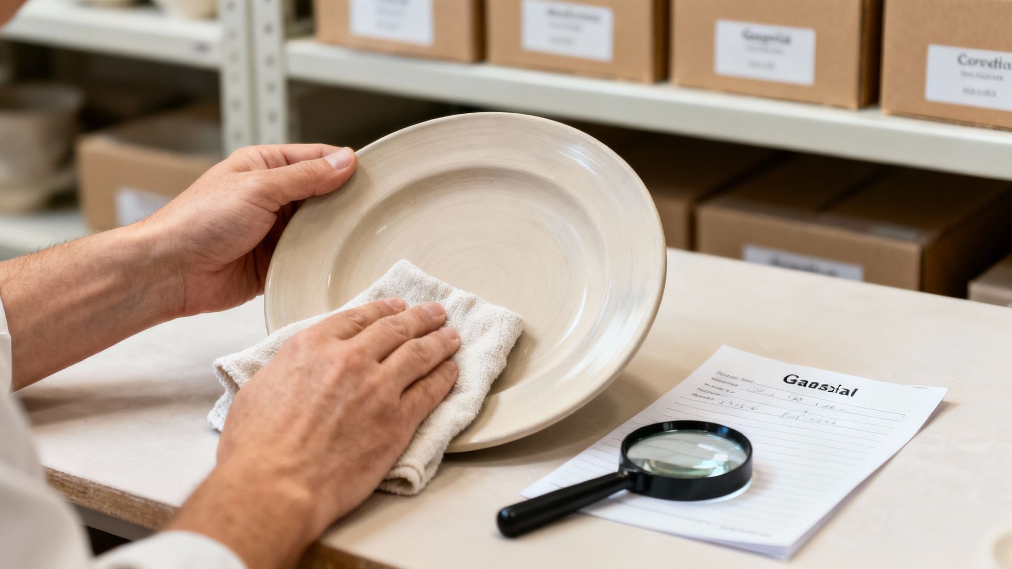 Close-up of hands cleaning a ceramic plate with a cloth, with a magnifying glass nearby.