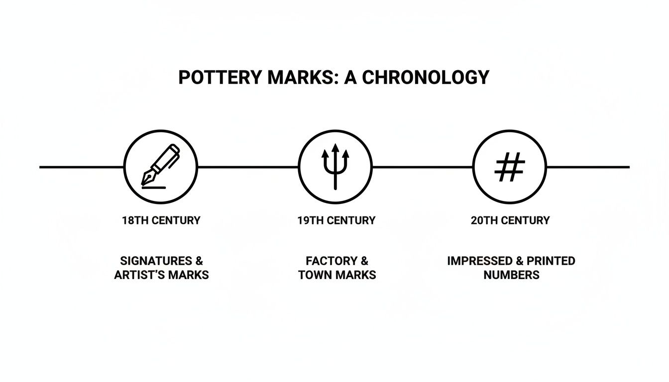 A timeline illustrating the chronology of pottery marks from the 18th to 20th century with different types.