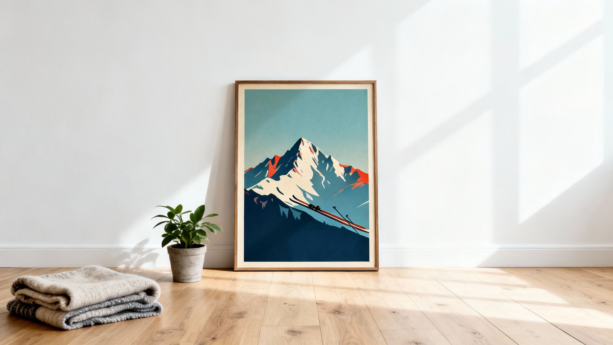 A vintage ski poster with snowy mountains and skiers leans against a white wall on a wooden floor, with a plant and blankets nearby.