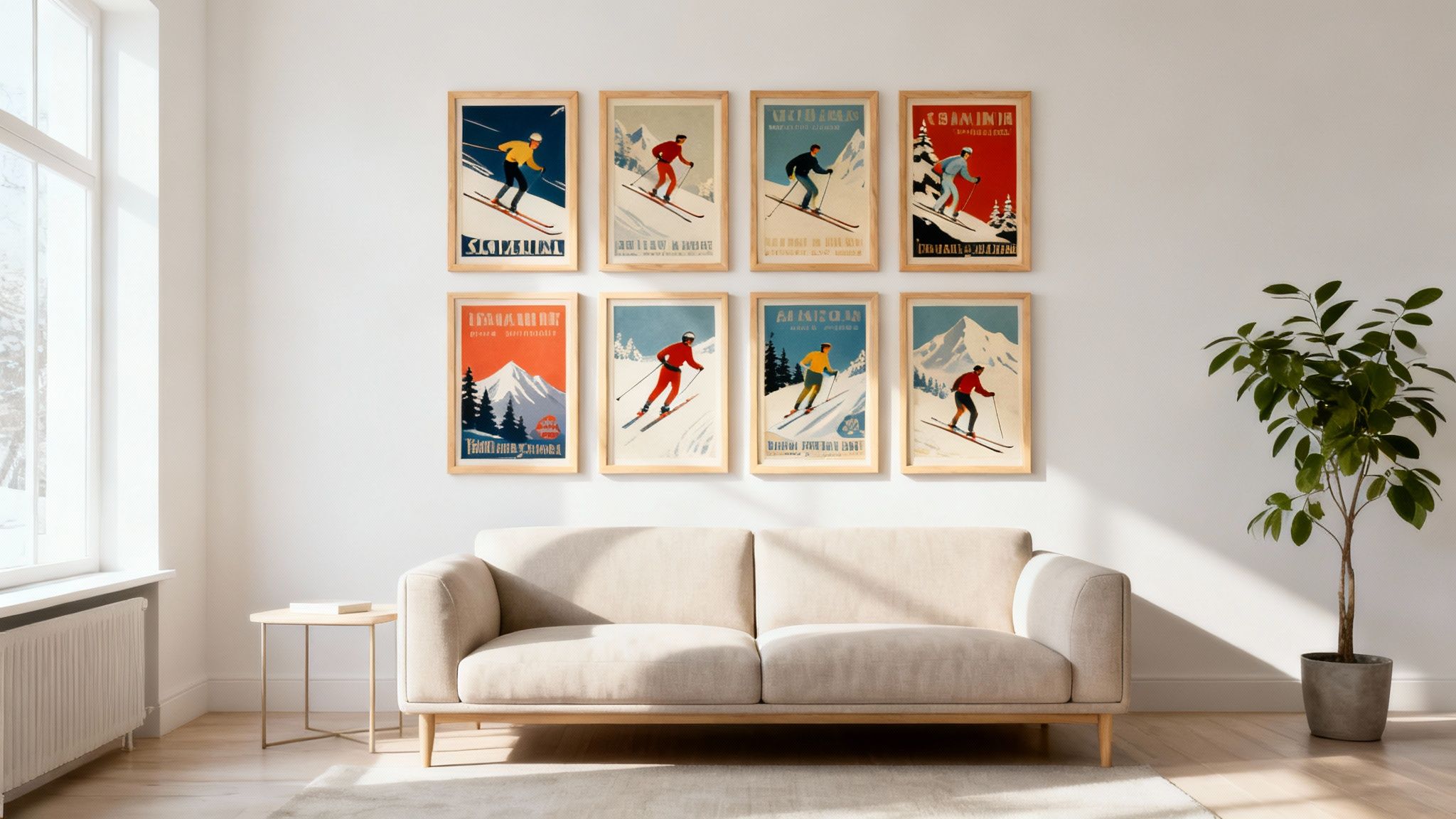 Eight vintage ski posters decorate a bright living room with a beige sofa and large window.