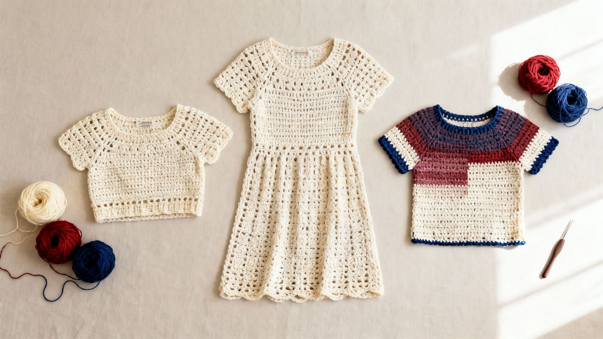 Three beautiful handmade crocheted items: a cream crop top, a dress, and a colorful striped t-shirt, with yarn.
