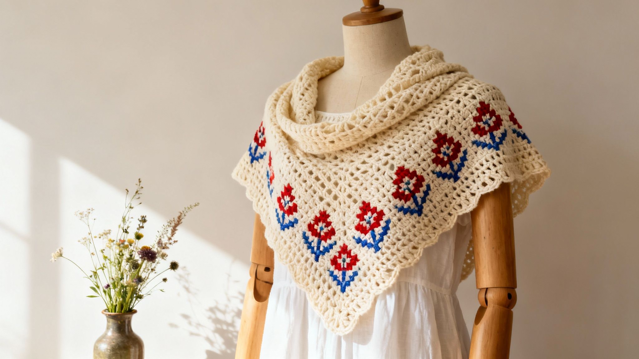 Cream crocheted shawl with red and blue floral patterns displayed on a mannequin, alongside a vase of wildflowers.