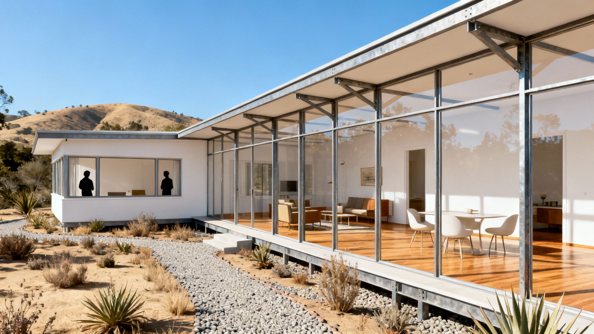 A stunning mid-century modern house with glass walls and a flat roof in a sunny, arid landscape.