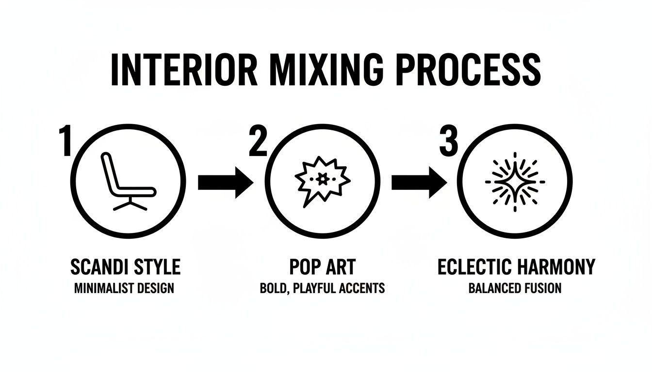 A three-step interior design process: Scandi Style to Pop Art, resulting in Eclectic Harmony.