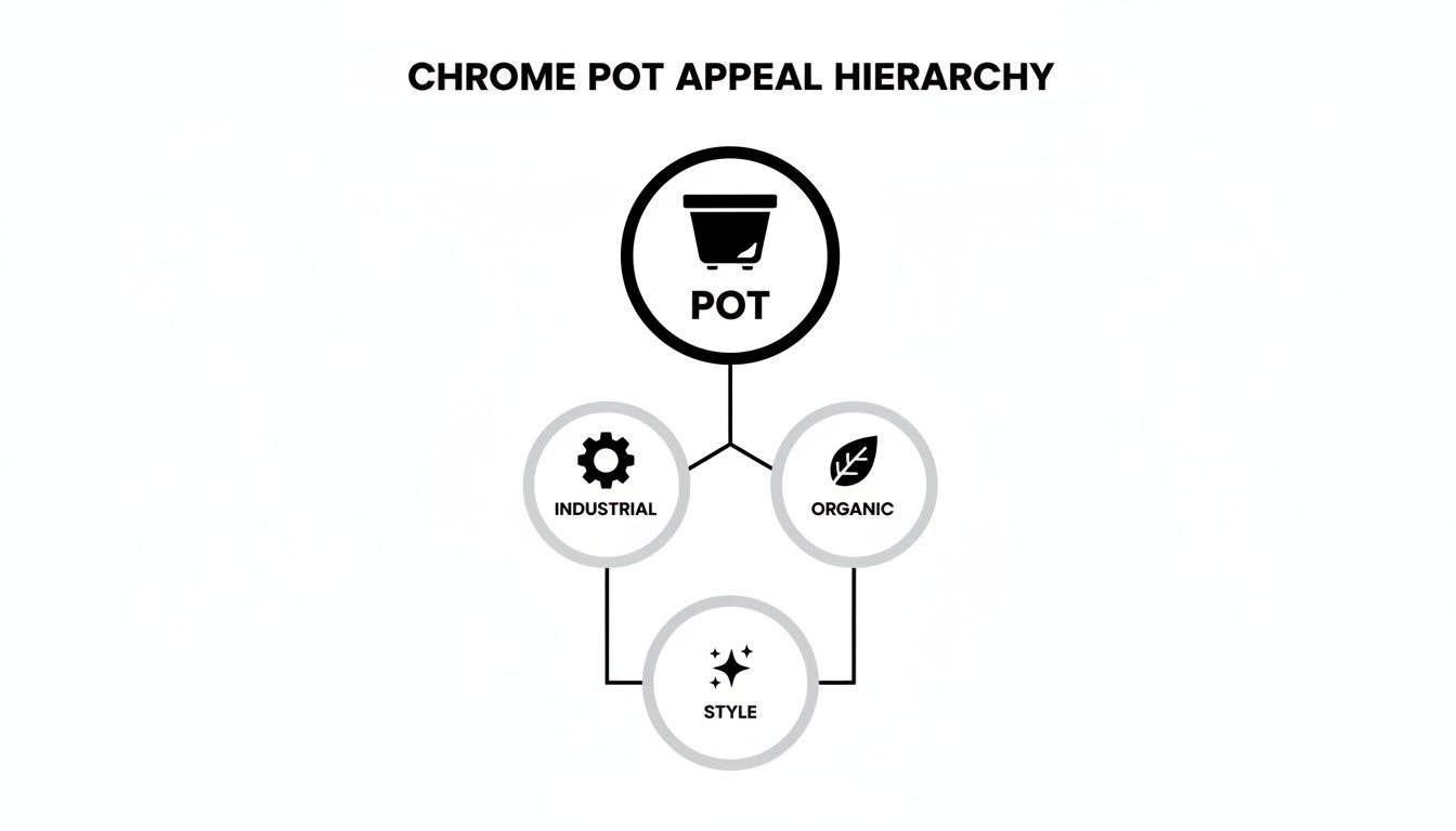 A hierarchy diagram titled 'Chrome Pot Appeal Hierarchy' showing 'POT' leading to 'INDUSTRIAL' and 'ORGANIC', both contributing to 'STYLE'.