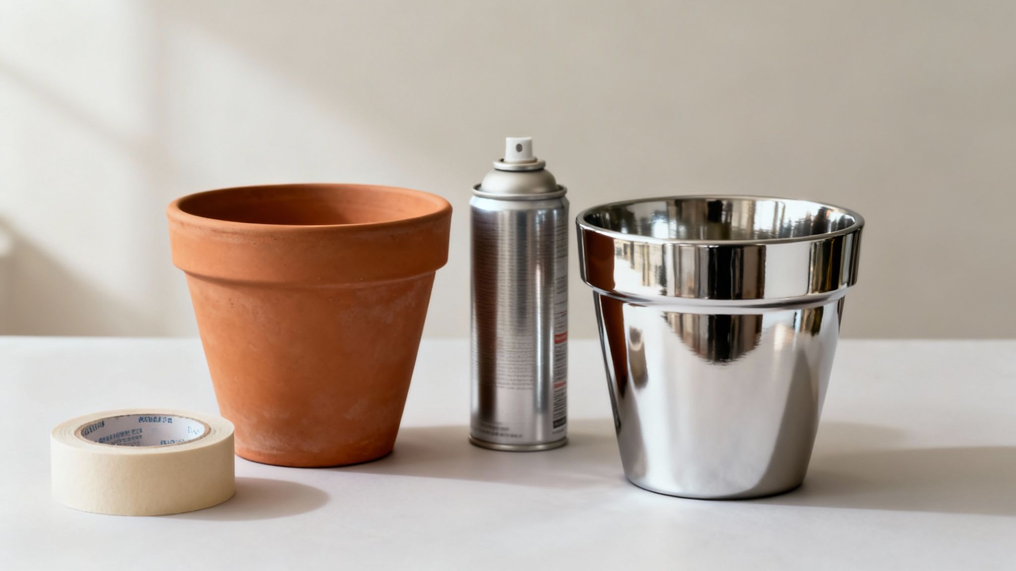DIY supplies including a terracotta pot, spray paint, a shiny chrome pot, and masking tape.