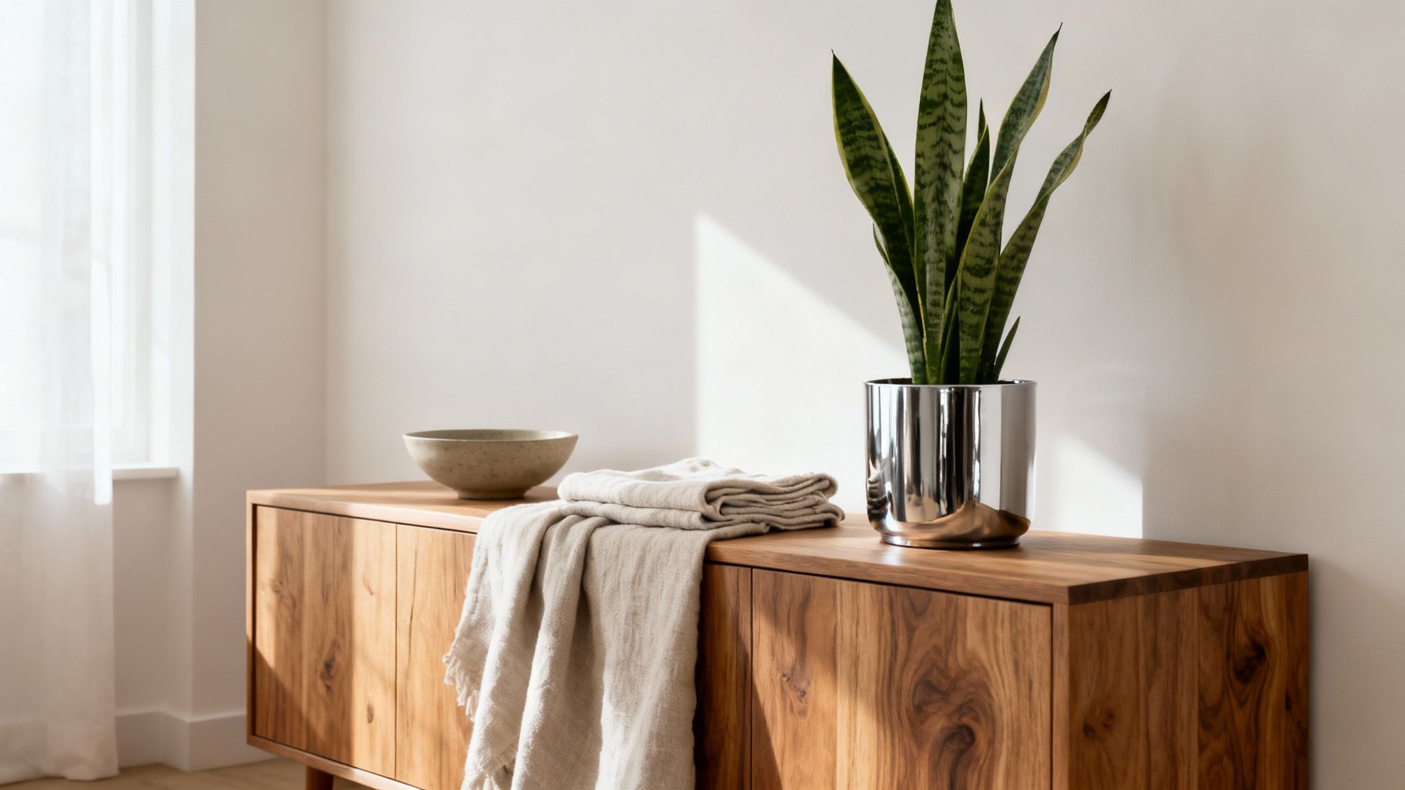 A modern wooden side cabinet with a snake plant in a chrome pot, a bowl, and linen towels.
