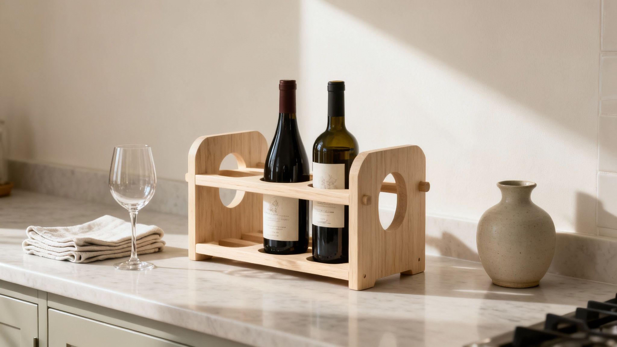 A light wood wine rack holding four bottles on a kitchen counter with a wine glass and napkins.