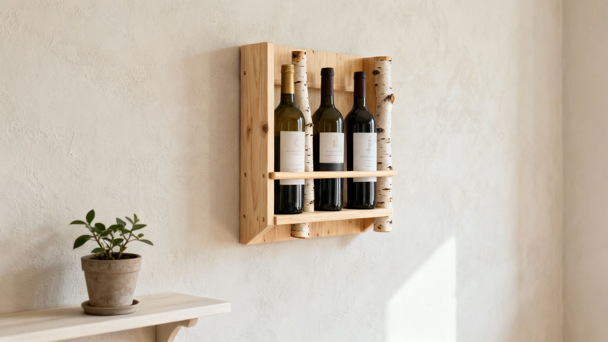 A light wooden DIY wine rack with birch log accents holding three wine bottles on a textured wall. A small potted plant sits on a shelf below.