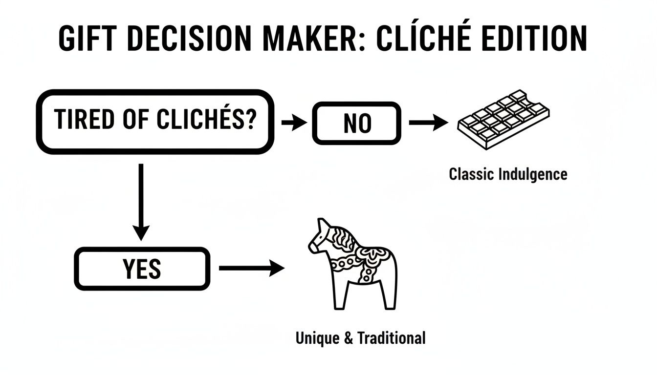 Flowchart for gift decisions based on clichés: chocolate for classic indulgence, Dala horse for unique gifts.