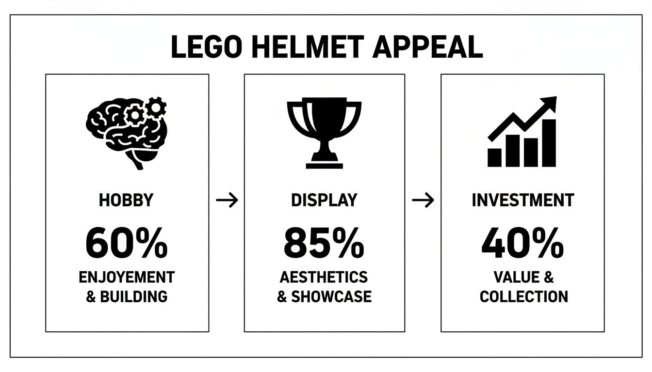 Flowchart showing LEGO Helmet appeal with 60% for hobby, 85% for display, and 40% for investment.